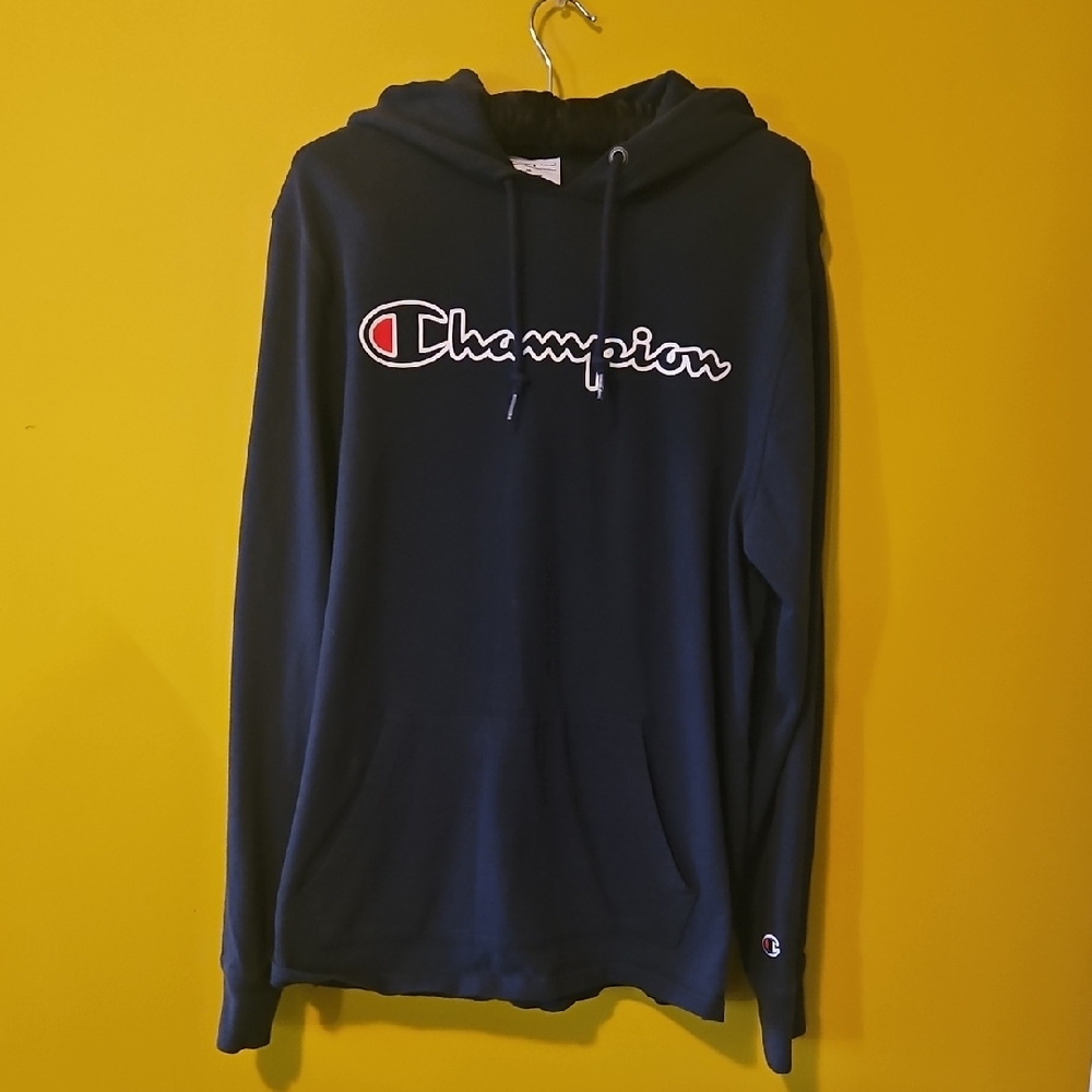 Champion Men's Dark Blue Hooded Long-Sleeve Shirt